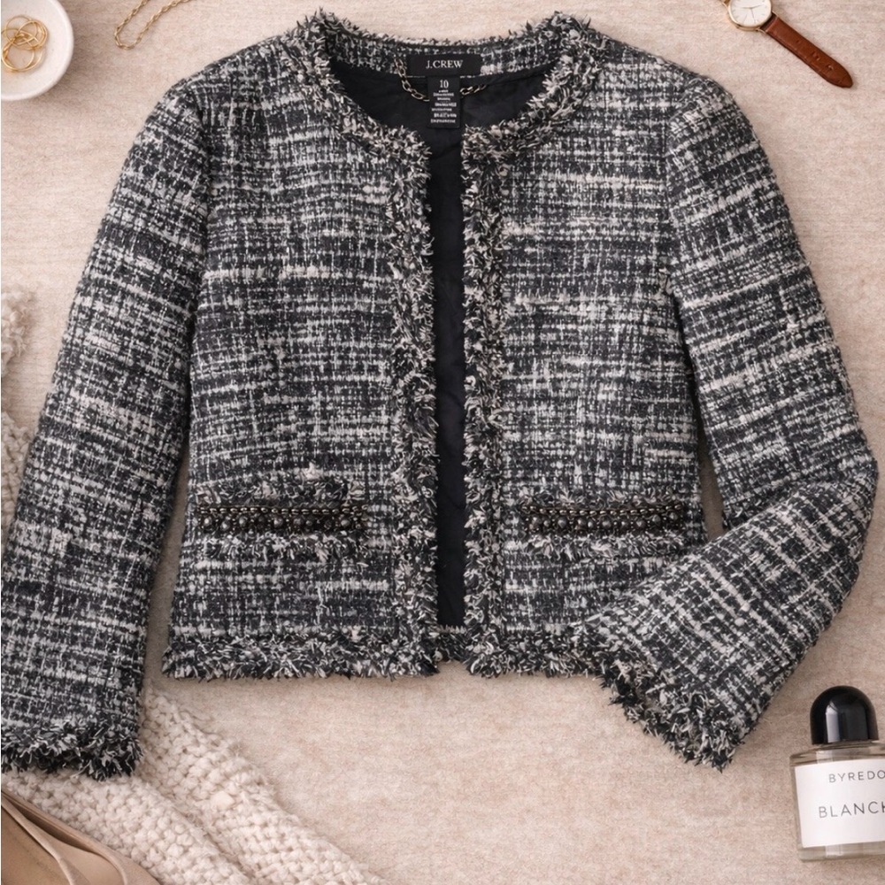 J. Crew Black & White Crop Fringe Trim Jacket Size 10
